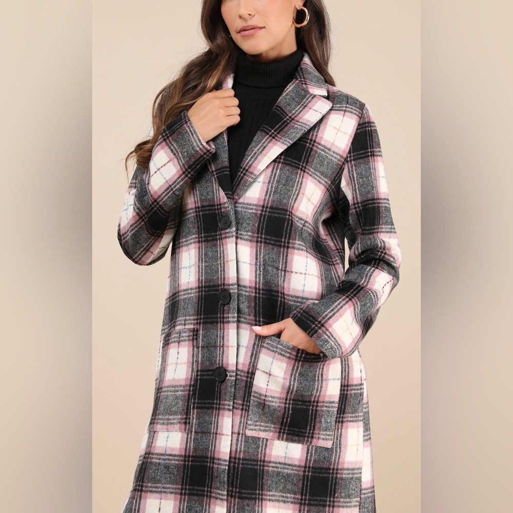 NWT Lulus Posh Weather Black Pink Plaid Collared Peacoat Wool Blend Size Large.